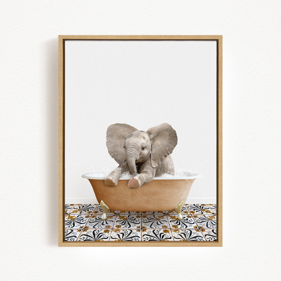 A baby elephant sitting in a bathtub filled with water, surrounded by a patterned tile floor.