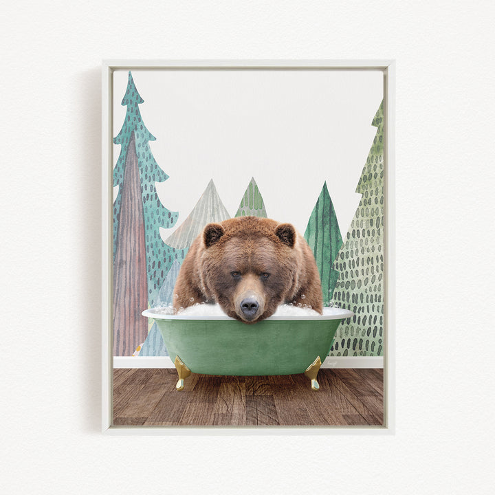 A brown bear is sitting in a green bathtub, surrounded by a forest scene with trees and a misty atmosphere.