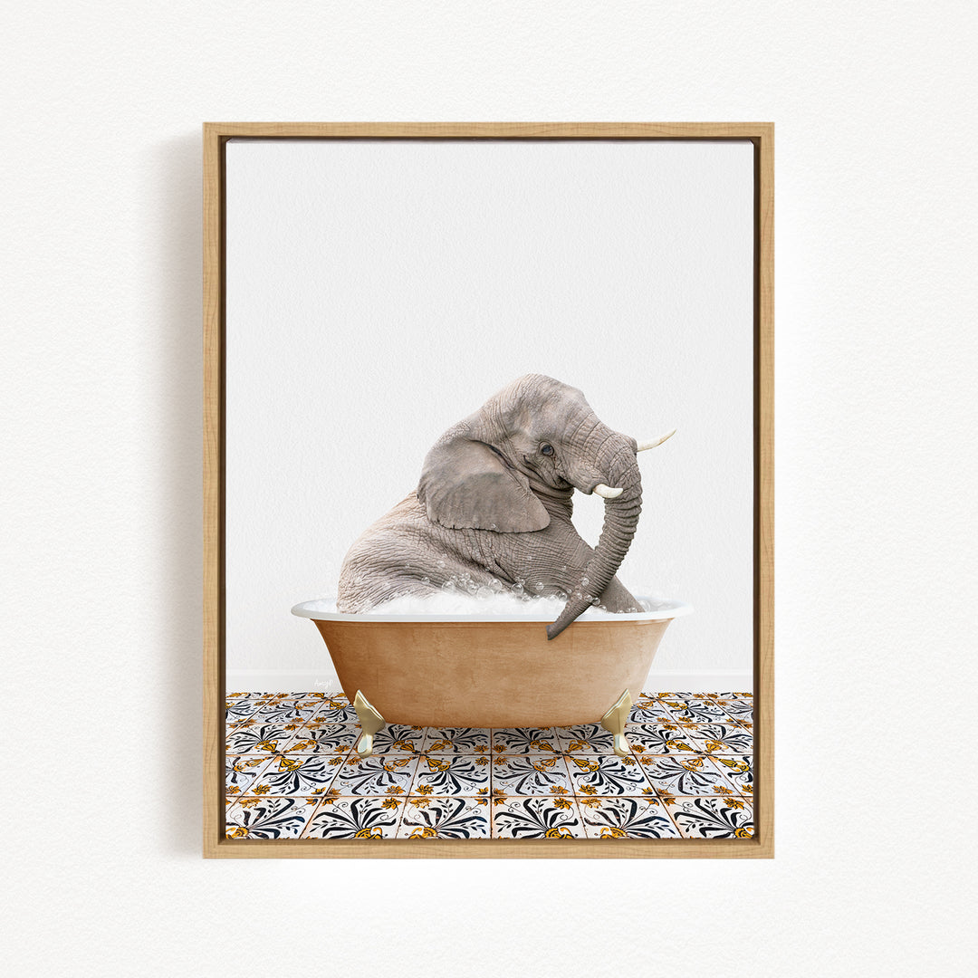 A gray elephant sitting in a bathtub filled with water, surrounded by a patterned tile floor.