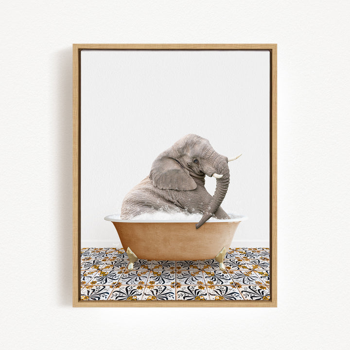 A gray elephant sitting in a bathtub filled with water, surrounded by a patterned tile floor.