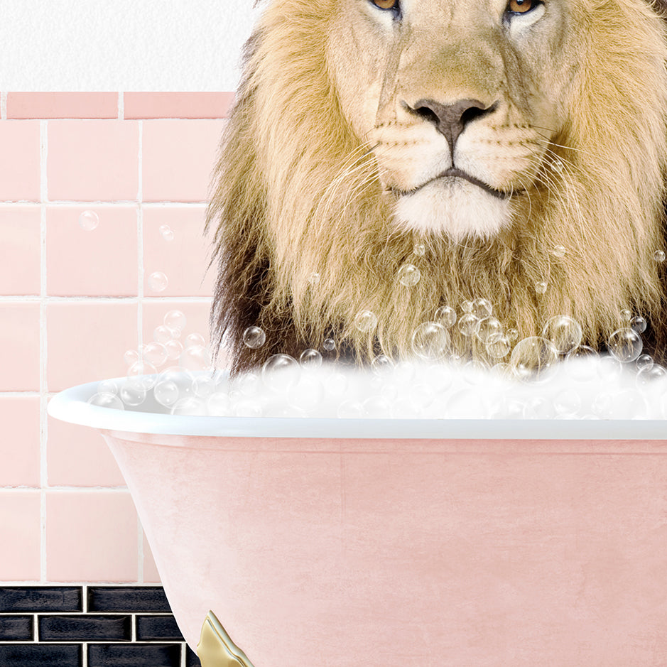 a lion sitting in a bathtub with bubbles