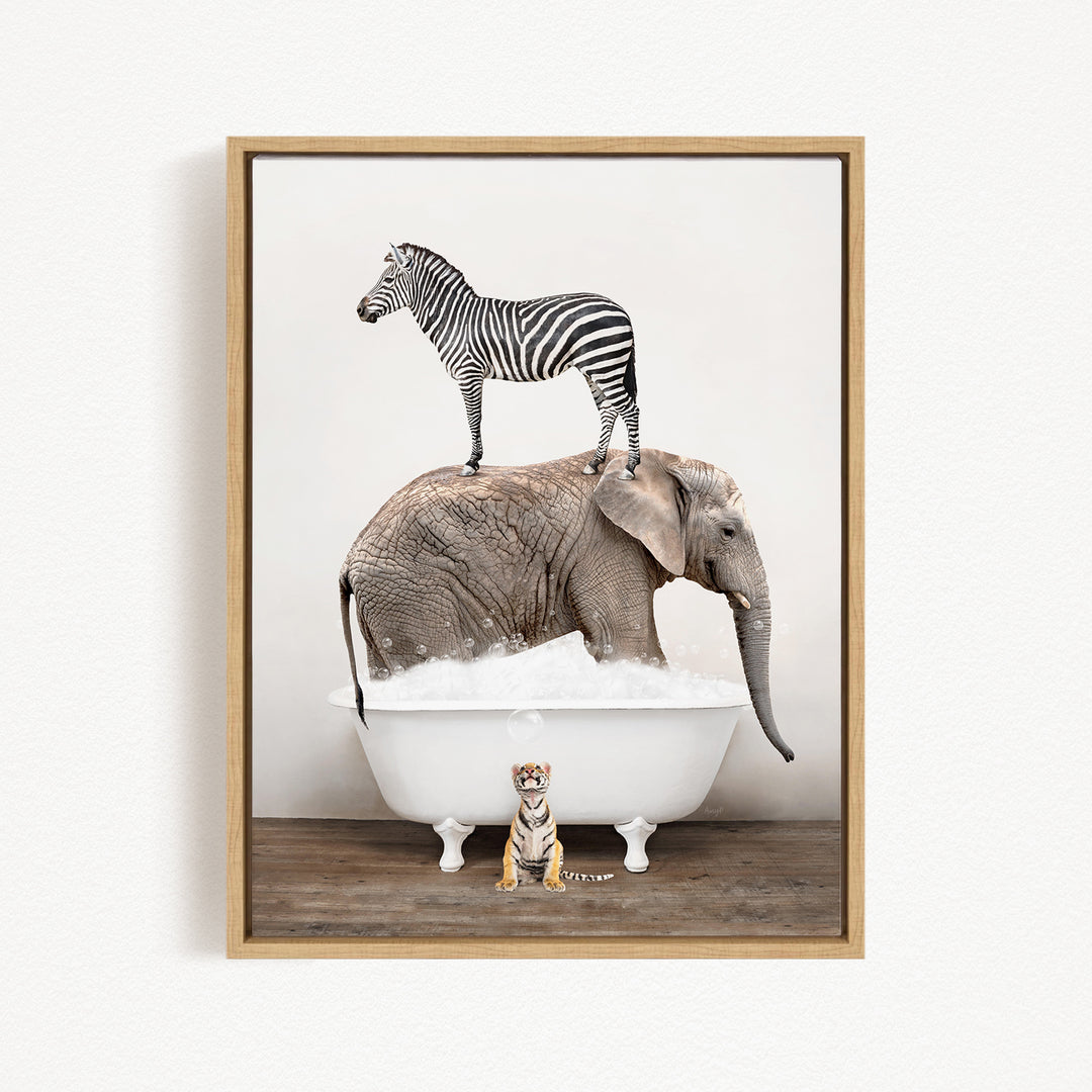 A zebra stands on the back of an elephant, which is partially submerged in a bathtub, with a small tiger figurine sitting in the tub below.