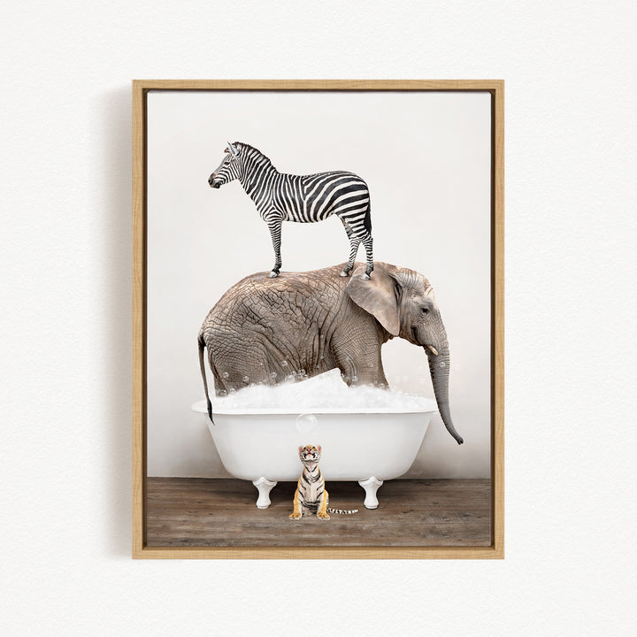 A zebra stands on the back of an elephant, which is partially submerged in a bathtub, with a small tiger figurine sitting in the tub below.