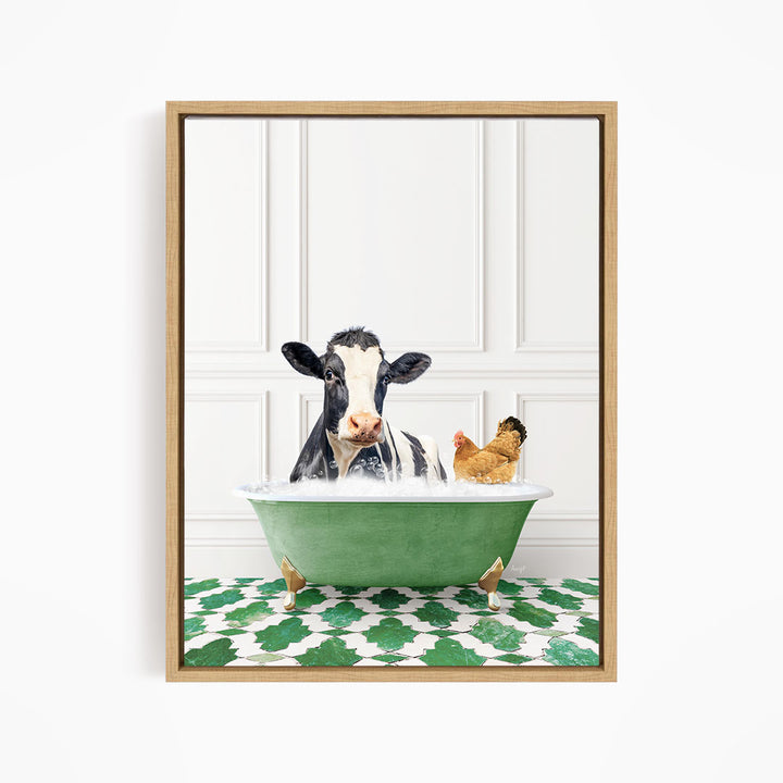 A black and white cow is sitting in a green bathtub, with a chicken standing nearby, both appearing to enjoy a relaxing bath together.