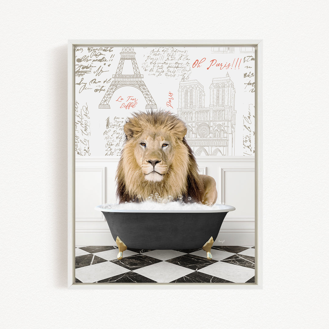 A lion is sitting in a bathtub filled with water, surrounded by a Paris-themed background with the Eiffel Tower and other landmarks.