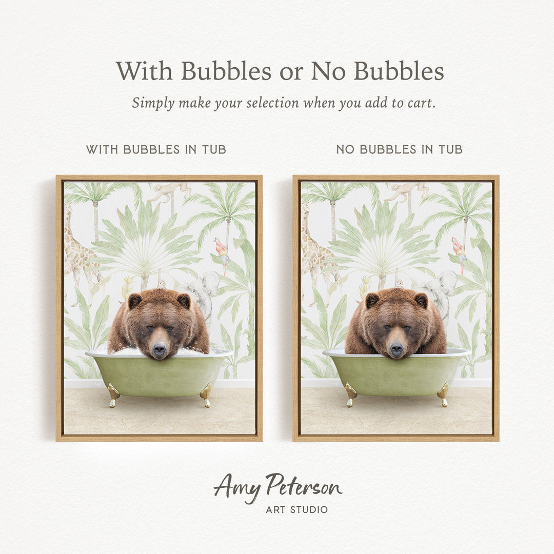 The image is a collage of two framed pictures, each featuring a brown bear sitting in a bathtub. The text above the images reads "With Bubbles or No Bubbles" and below the images, it says "Simply make your selection when you add to cart."