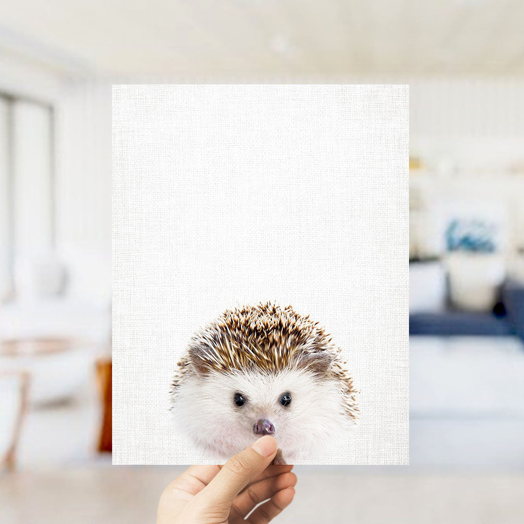 A person's hand is holding up a white square with a hedgehog's face on it, against a blurred background of a living room.