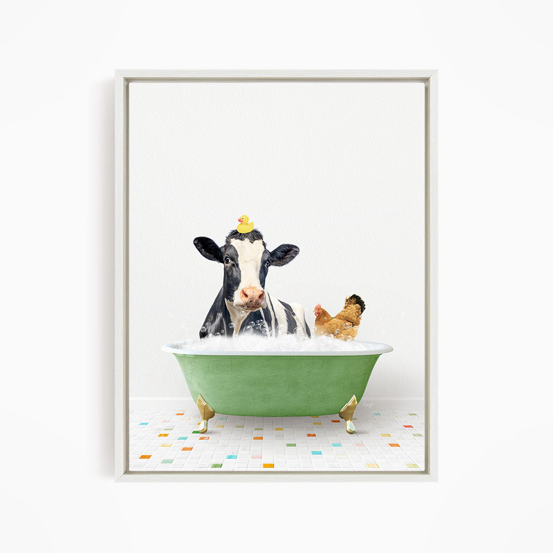 A black and white cow is sitting in a green bathtub, surrounded by a chicken and a duck, all enjoying a bath together.