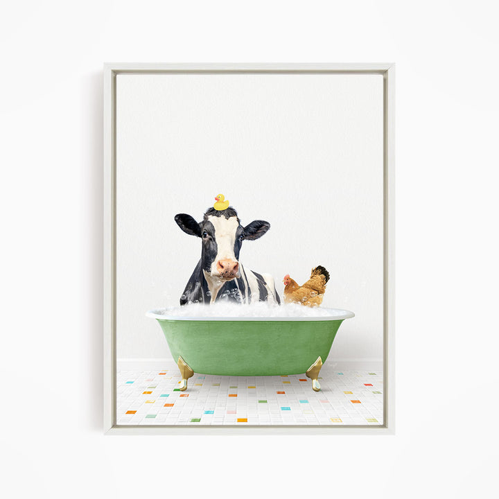 A black and white cow is sitting in a green bathtub, surrounded by a chicken and a duck, all enjoying a bath together.