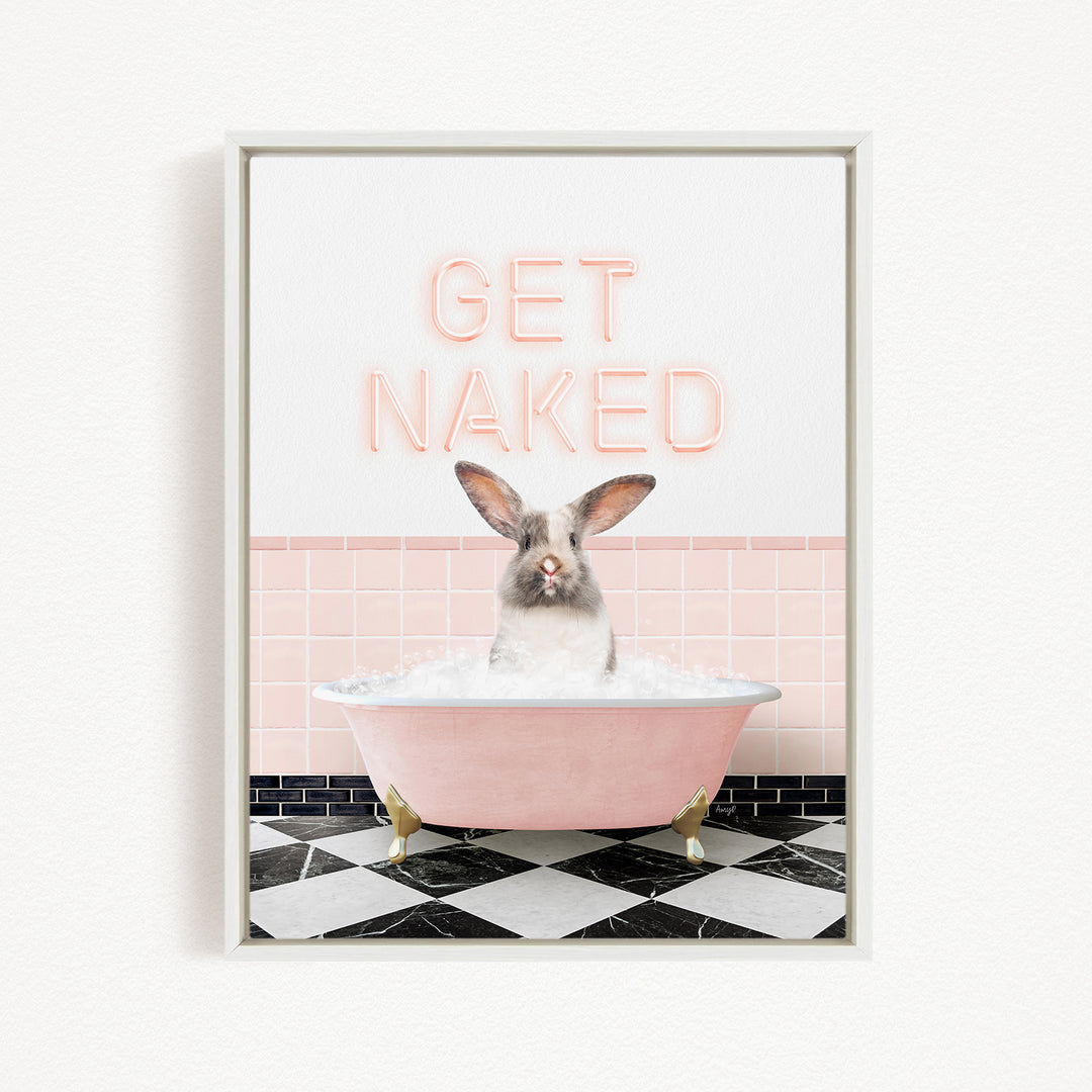 A cute rabbit sitting in a pink bathtub, with the text "GET NAKED" displayed above it.
