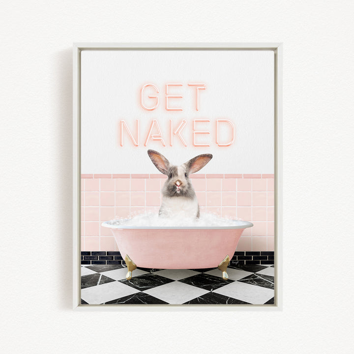A cute rabbit sitting in a pink bathtub, with the text "GET NAKED" displayed above it.