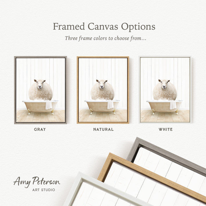 The image is a framed canvas option showcasing three different frame colors: gray, natural, and white. The canvas features a sheep sitting in a bathtub, and the frame colors are gray, natural, and white.
