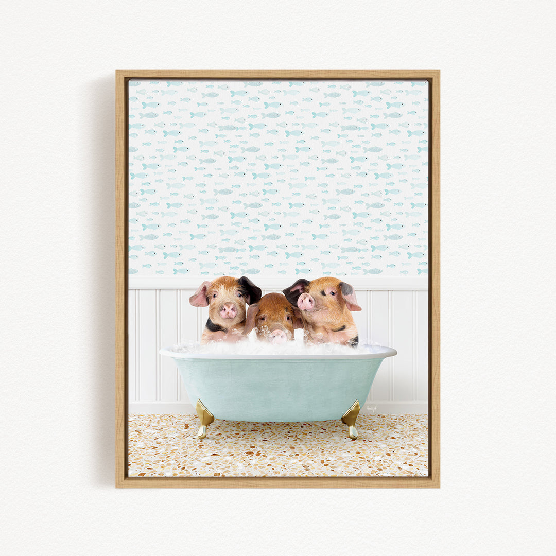 Three adorable pigs sitting in a light blue bathtub, surrounded by a pattern of small fish.
