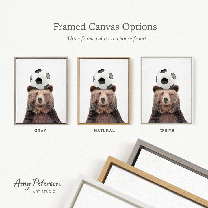 three framed canvas options featuring a bear holding a soccer ball on its head. The bear is depicted in different color schemes, including gray, natural, and white.