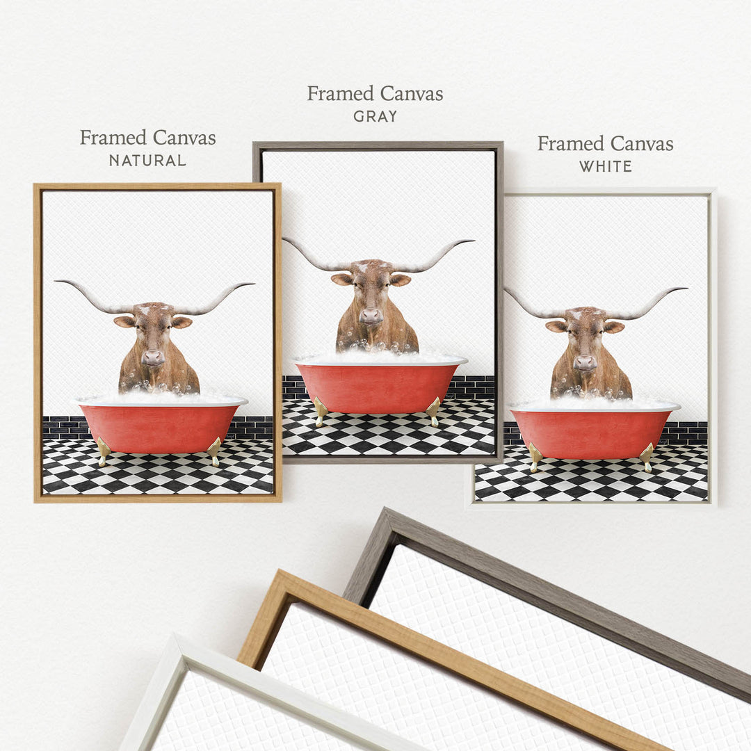 a framed picture of a cow sitting in a red bathtub, with three different colored frames displayed below it.