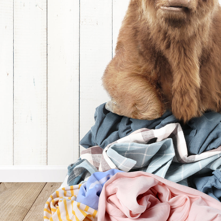 a stuffed bear sitting on top of a pile of clothes