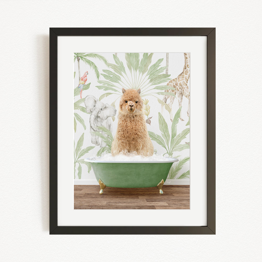 A small brown dog is sitting in a green bathtub filled with water, surrounded by a tropical wallpaper with various animals and plants.