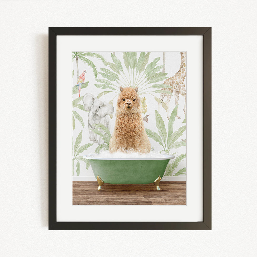 A small brown dog is sitting in a green bathtub filled with water, surrounded by a tropical wallpaper with various animals and plants.