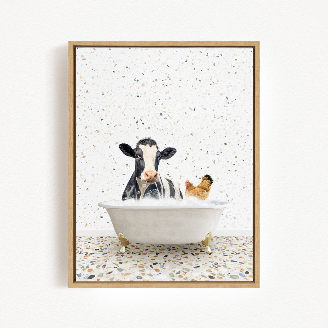 A black and white cow is sitting in a white bathtub, surrounded by a chicken and a duck, creating a whimsical and playful scene.