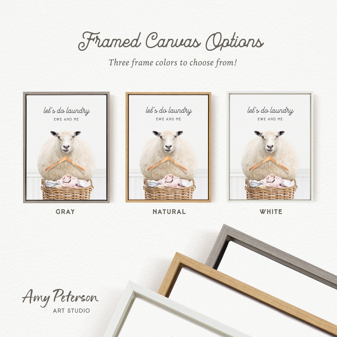 The image is a framed canvas option featuring three different color options for a framed artwork depicting a sheep in a basket.