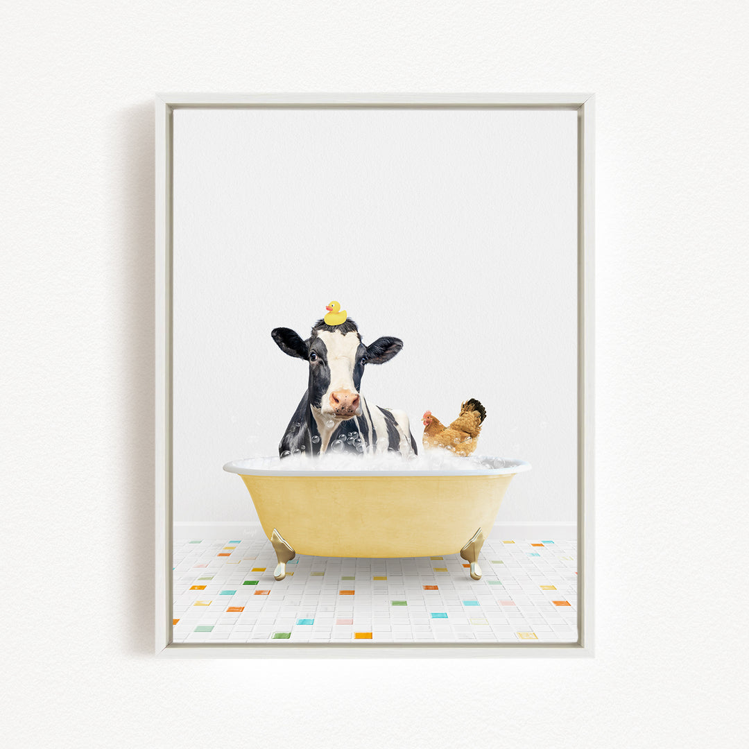 A cow is sitting in a yellow bathtub filled with bubbles, with a chicken standing nearby.