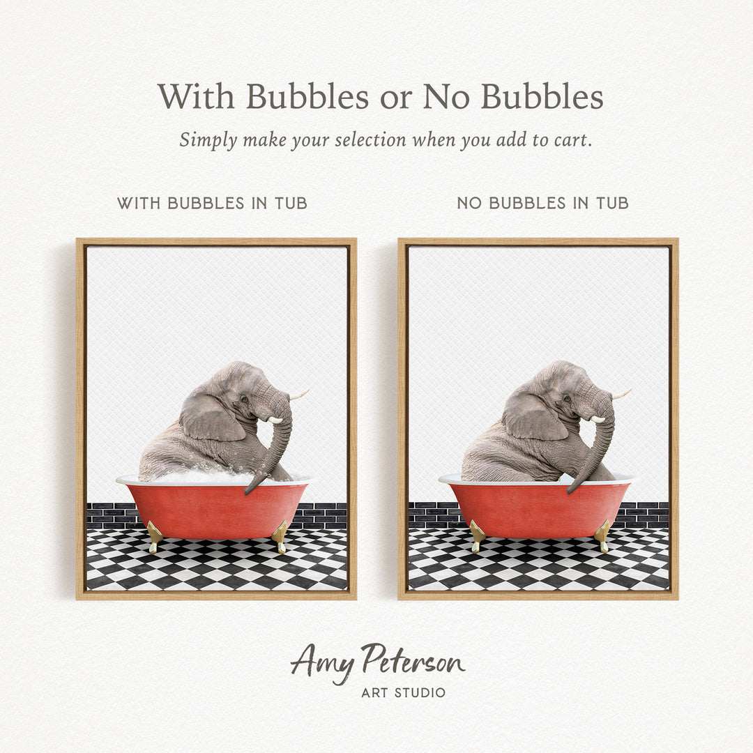 The image is a collage of two pictures featuring an elephant sitting in a red bathtub. The elephant is sitting on a black and white checkered floor. The collage includes a frame with the text "With Bubbles or No Bubbles" and "WITH BUBBLES IN TUB" and "NO BUBBLES IN TUB".
