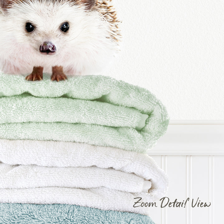 A hedgehog is sitting on top of a stack of three folded towels, with a white wall in the background.