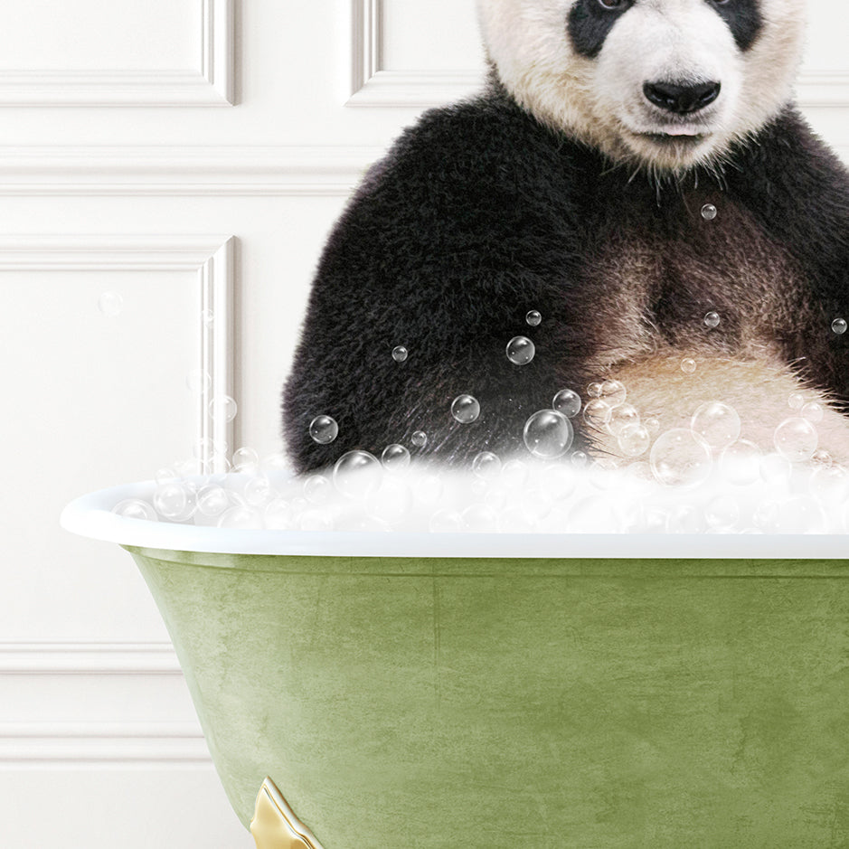 a panda bear sitting in a bathtub full of bubbles