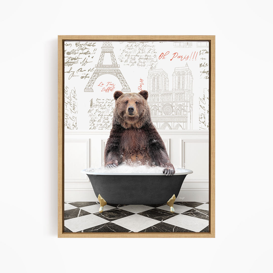 A brown bear sitting in a bathtub filled with water, surrounded by a wall with various texts and illustrations, including the Eiffel Tower.