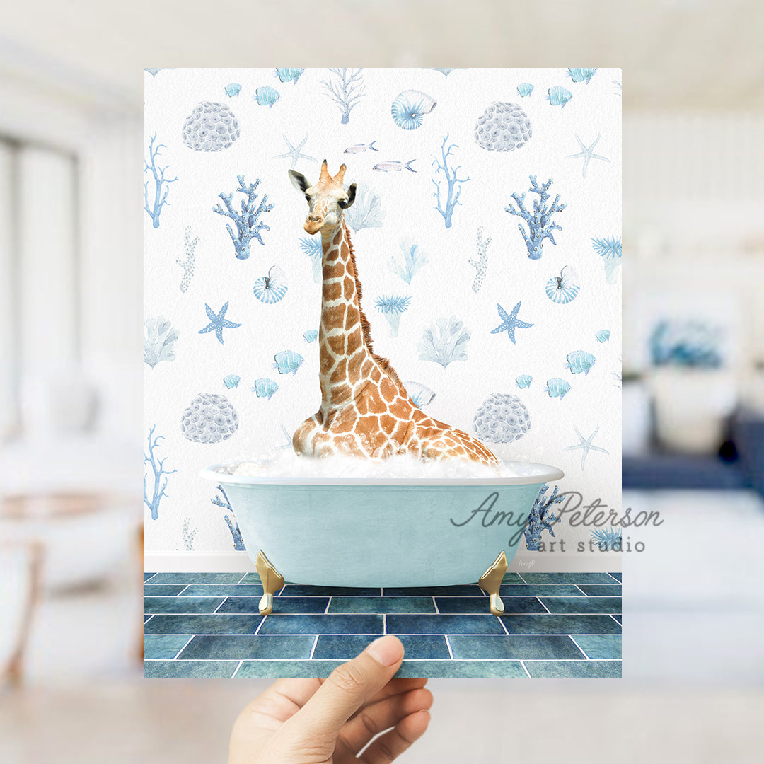 a giraffe is sitting in a bath tub