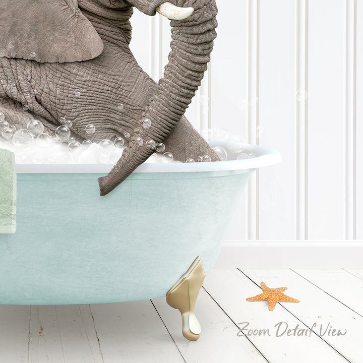 A large elephant is sitting in a light blue bathtub filled with bubbles, with a starfish on the floor next to it.