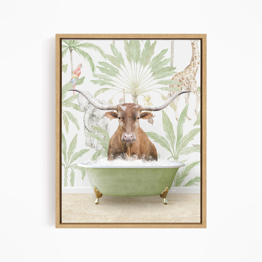 A brown cow with large horns is sitting in a green bathtub, surrounded by tropical foliage and animals such as a giraffe and a parrot.