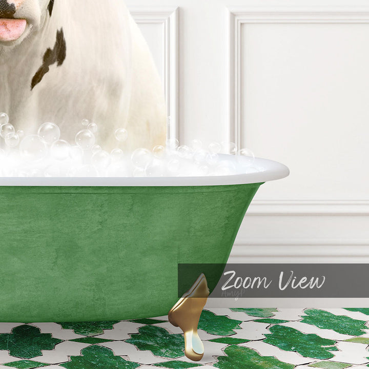 A white cow is sitting in a green bathtub filled with bubbles, with a gold bathtub leg visible.