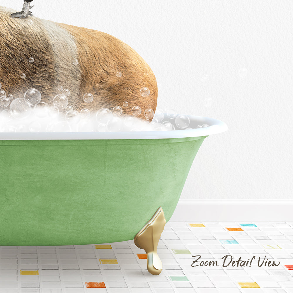 A dog is sitting in a green bathtub filled with bubbles, enjoying a relaxing bath.