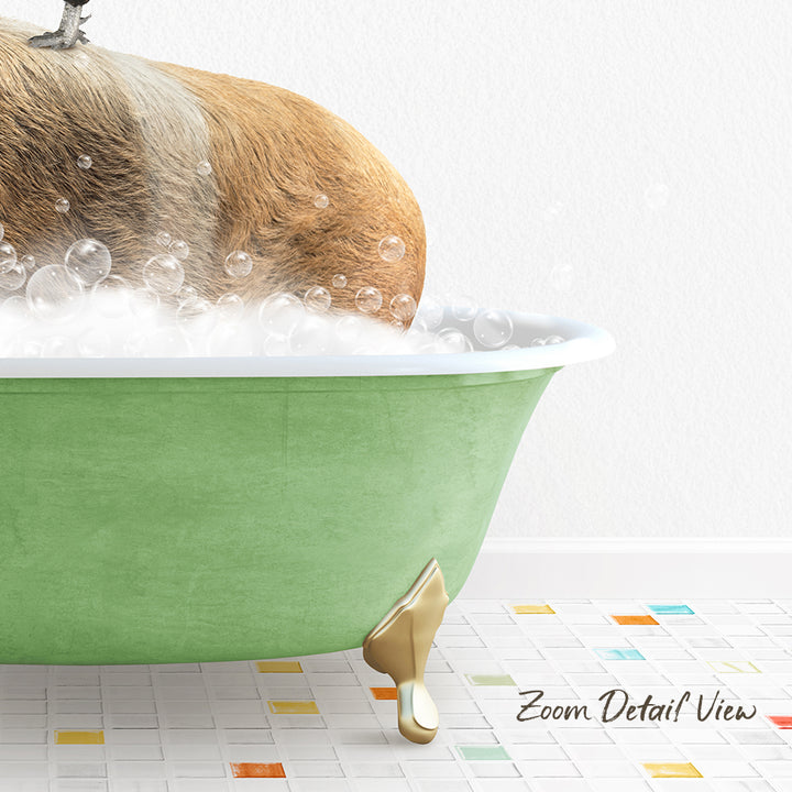 A dog is sitting in a green bathtub filled with bubbles, enjoying a relaxing bath.
