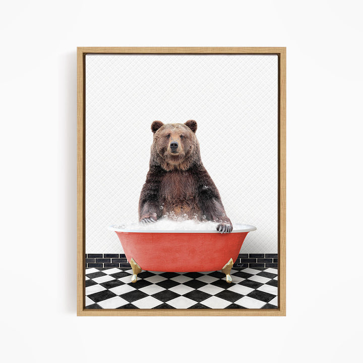 A brown bear sitting in a red bathtub filled with water, surrounded by a black and white checkered floor.