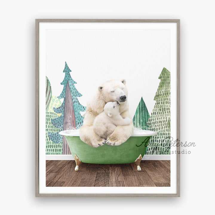 a polar bear and her cub are sitting in a bathtub