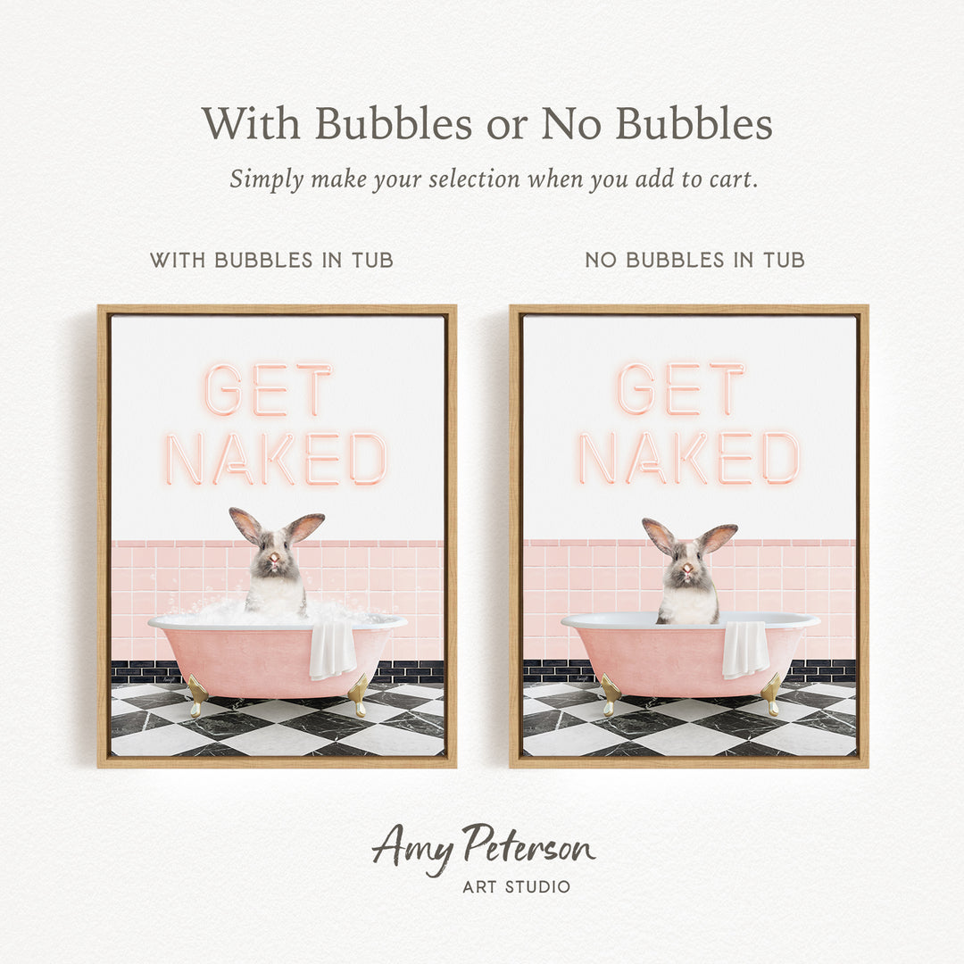 The image is a framed print featuring a rabbit sitting in a pink bathtub with bubbles, and another rabbit sitting in a tub without bubbles. The text above the images reads "With Bubbles or No Bubbles Simply make your selection when you add to cart."