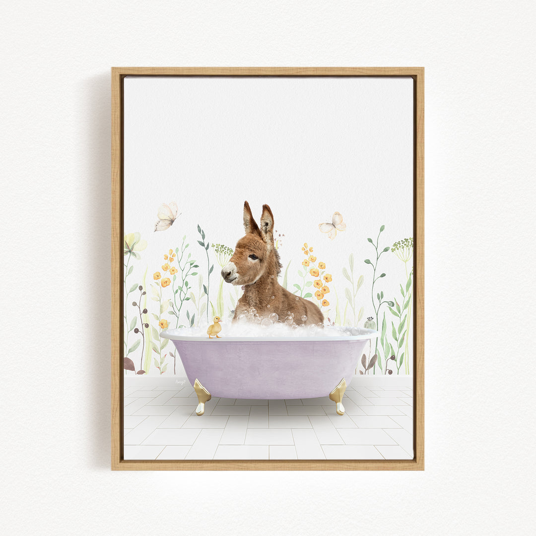 A donkey is sitting in a bathtub filled with water, surrounded by flowers and butterflies.