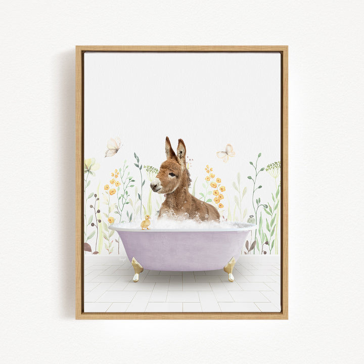 A donkey is sitting in a bathtub filled with water, surrounded by flowers and butterflies.