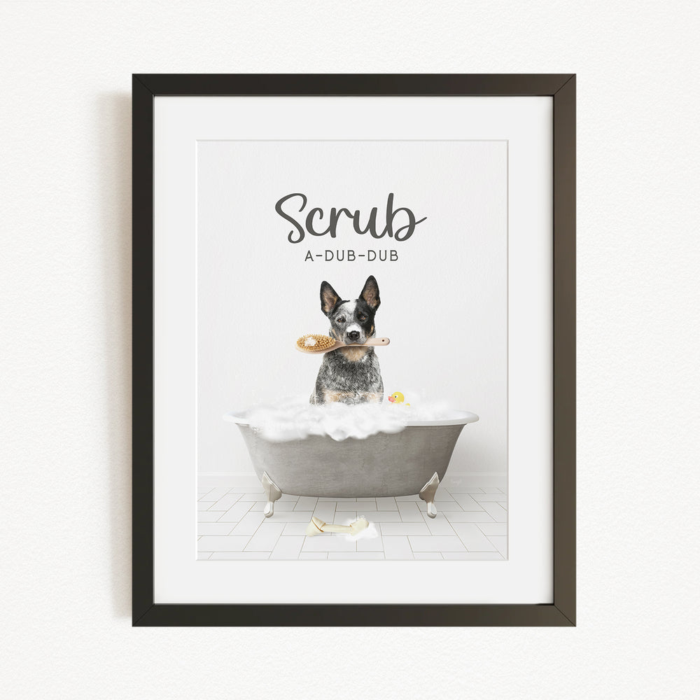 A black and white dog sitting in a bathtub, holding a yellow rubber duck, with the text "Scrub A-DUB-DUB" above the image.