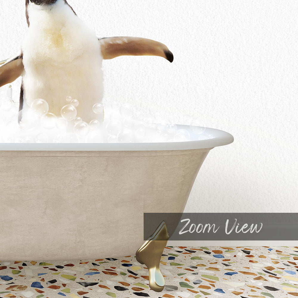 A penguin standing in a bathtub filled with bubbles, with a text overlay that reads "Zoom View".