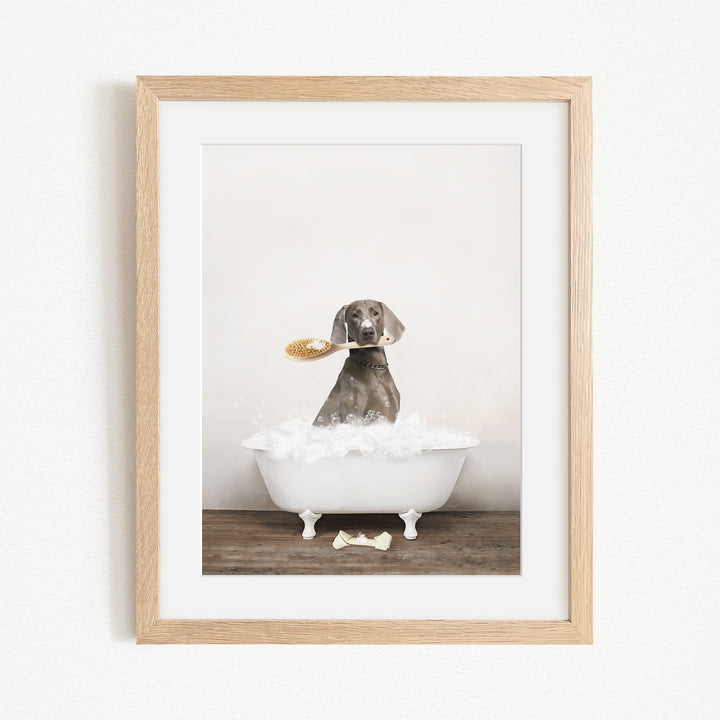 A dog sitting in a white bathtub, holding a brush in its mouth, with a wooden frame around the picture.