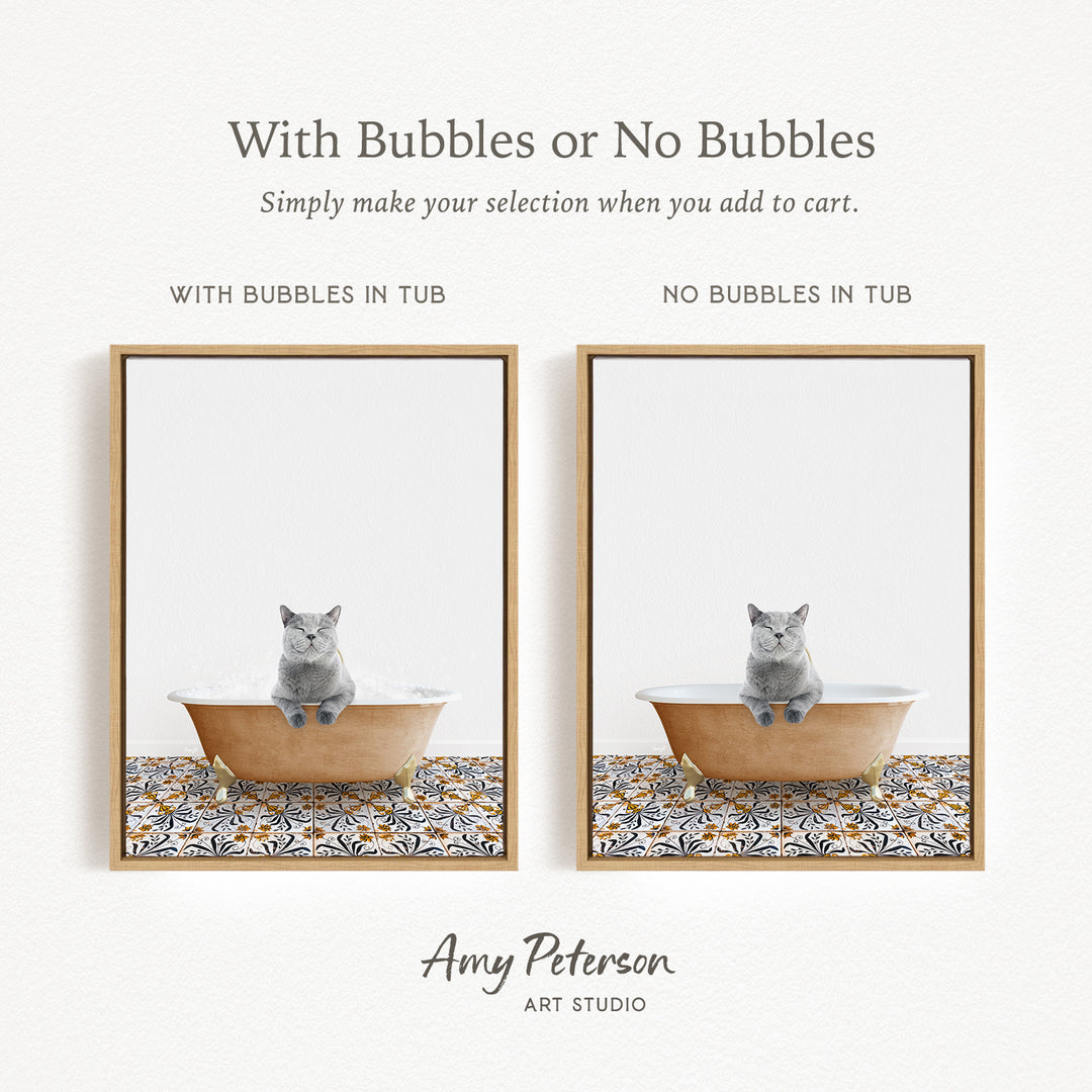 The image is a collage of two pictures, each featuring a cat sitting in a bathtub. The cat appears to be gray and is sitting on a brown bathtub. The text above the images reads "With Bubbles or No Bubbles" and below the images, it says "Simply make your selection when you add to cart."
