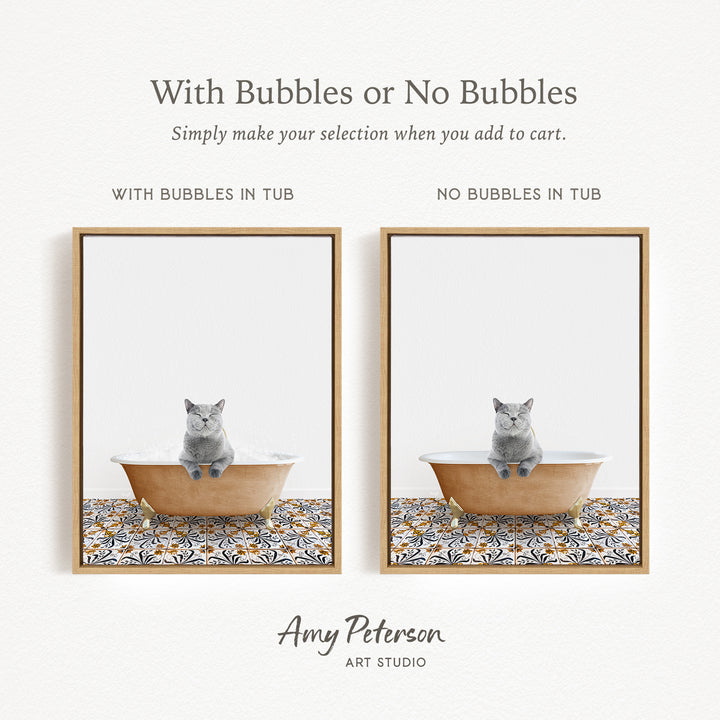 The image is a collage of two pictures, each featuring a cat sitting in a bathtub. The cat appears to be gray and is sitting on a brown bathtub. The text above the images reads "With Bubbles or No Bubbles" and below the images, it says "Simply make your selection when you add to cart."