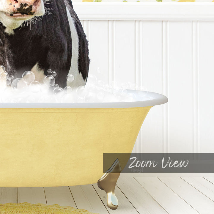 A black and white cow standing in a yellow bathtub filled with bubbles, with the text "Zoom View" displayed below the image.