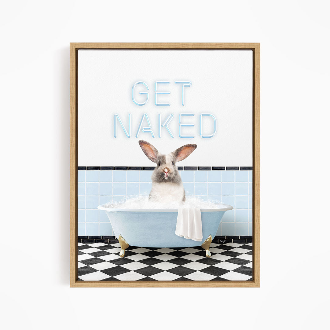 A framed image depicting a rabbit sitting in a bathtub filled with bubbles, with the text "GET NAKED" displayed above it.