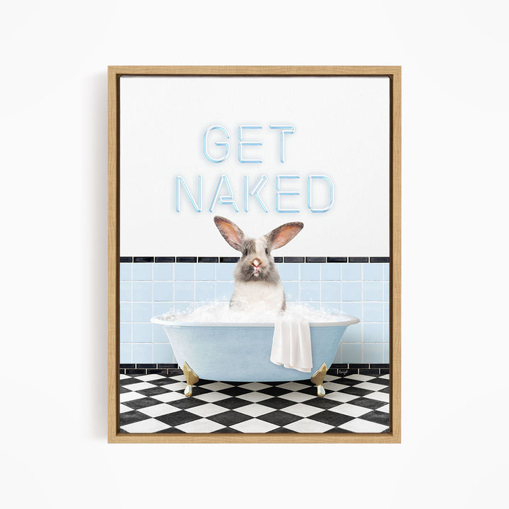 A framed image depicting a rabbit sitting in a bathtub filled with bubbles, with the text "GET NAKED" displayed above it.