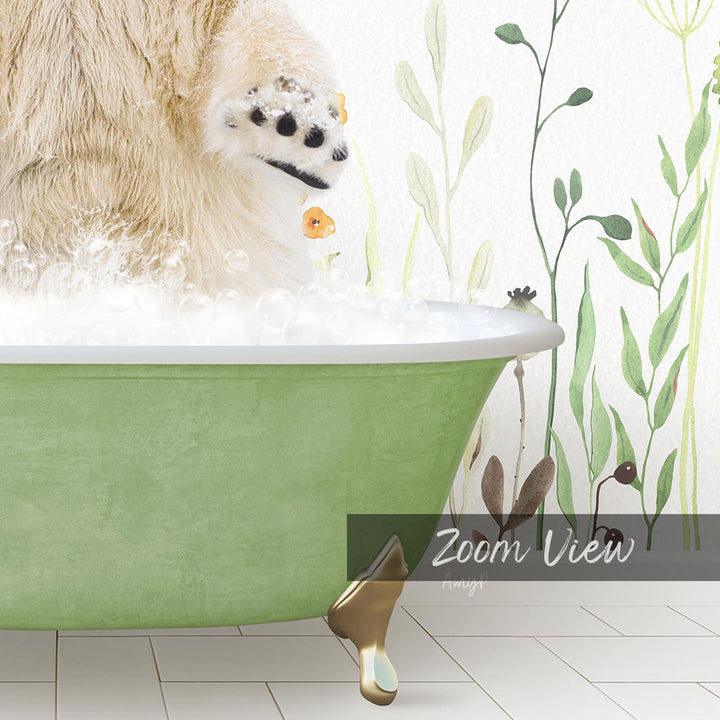 A sloth is sitting in a green bathtub filled with bubbles, surrounded by a plant-themed wallpaper.