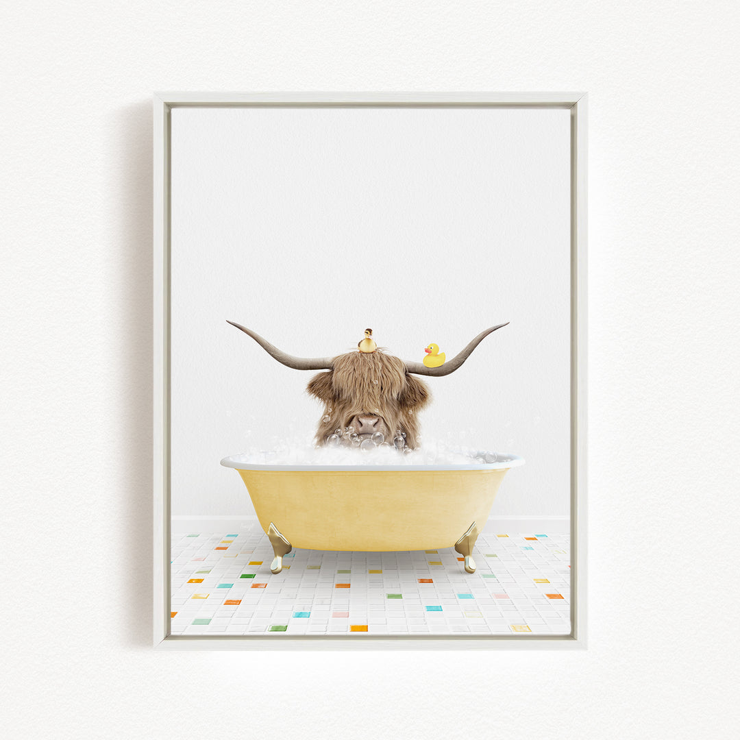 A yellow bathtub filled with bubbles, with a cow-like animal with horns sitting inside and two rubber ducks floating on the surface.